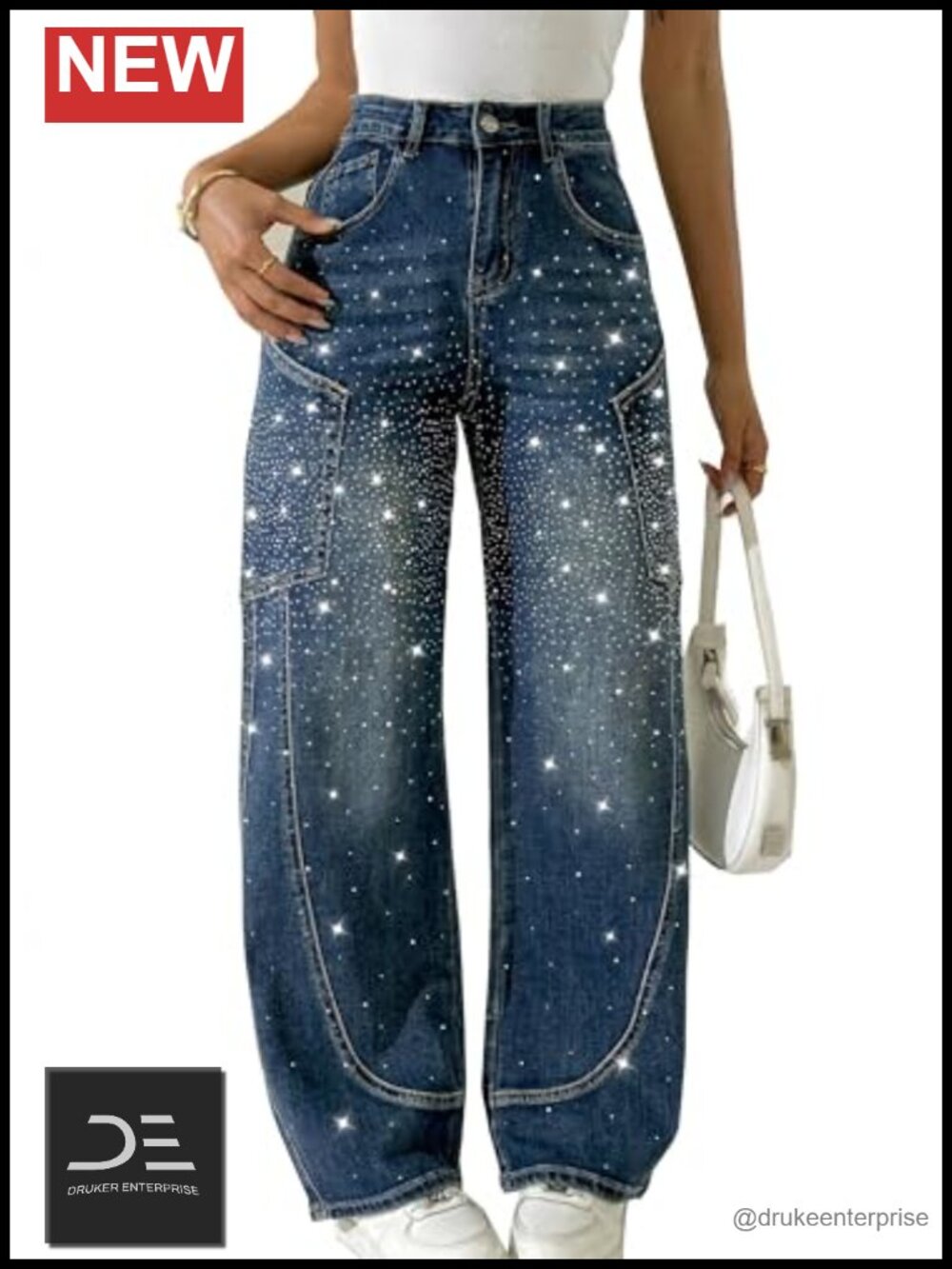 Rhinestone Barrel Jeans Wide Leg Baggy Denim Pants Sparkle Shiny Glitter